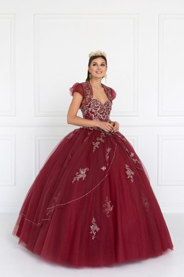 Beads Embellished Tulle Ball Gown with Bolero-4