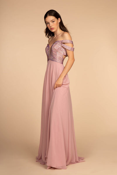 Jewel Embellished Bodice Illusion Deep V-Neck Chiffon Long Dress-0