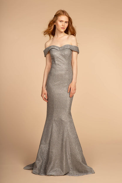 Cut-Away Shoulder Glitter Crepe Mermaid Dress-4