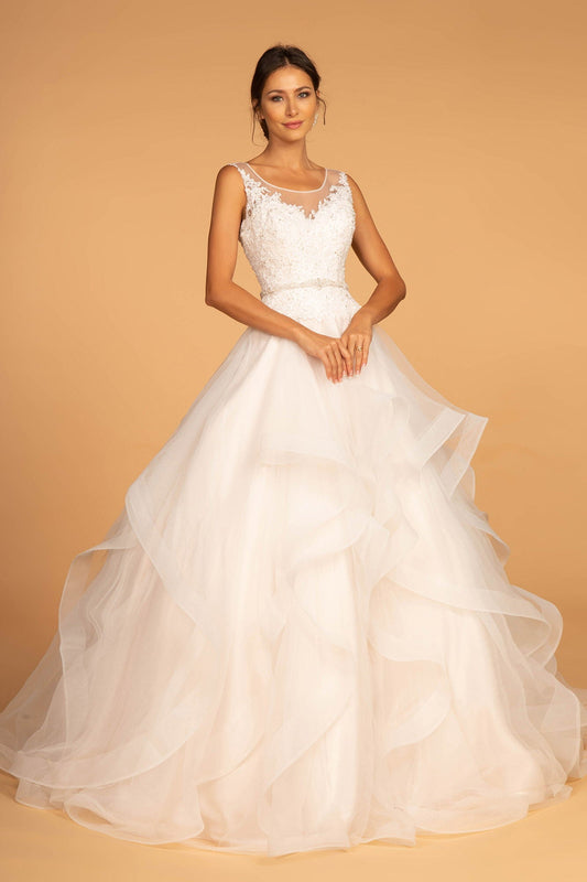 Embroidered Bodice Layered Hem Tulle Wedding Gown-0