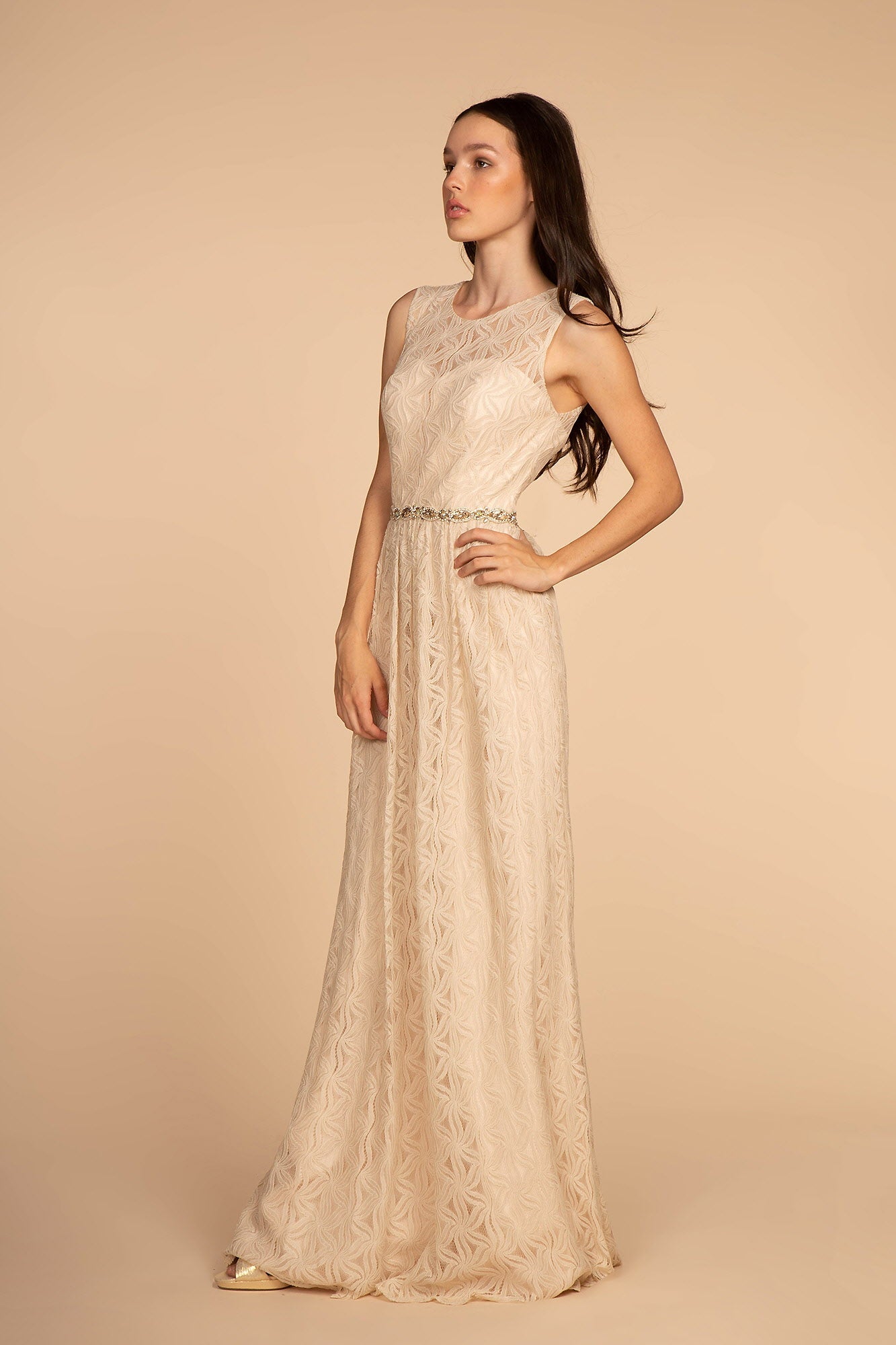 Jewel Embellished Waist Lace Long Dress-0