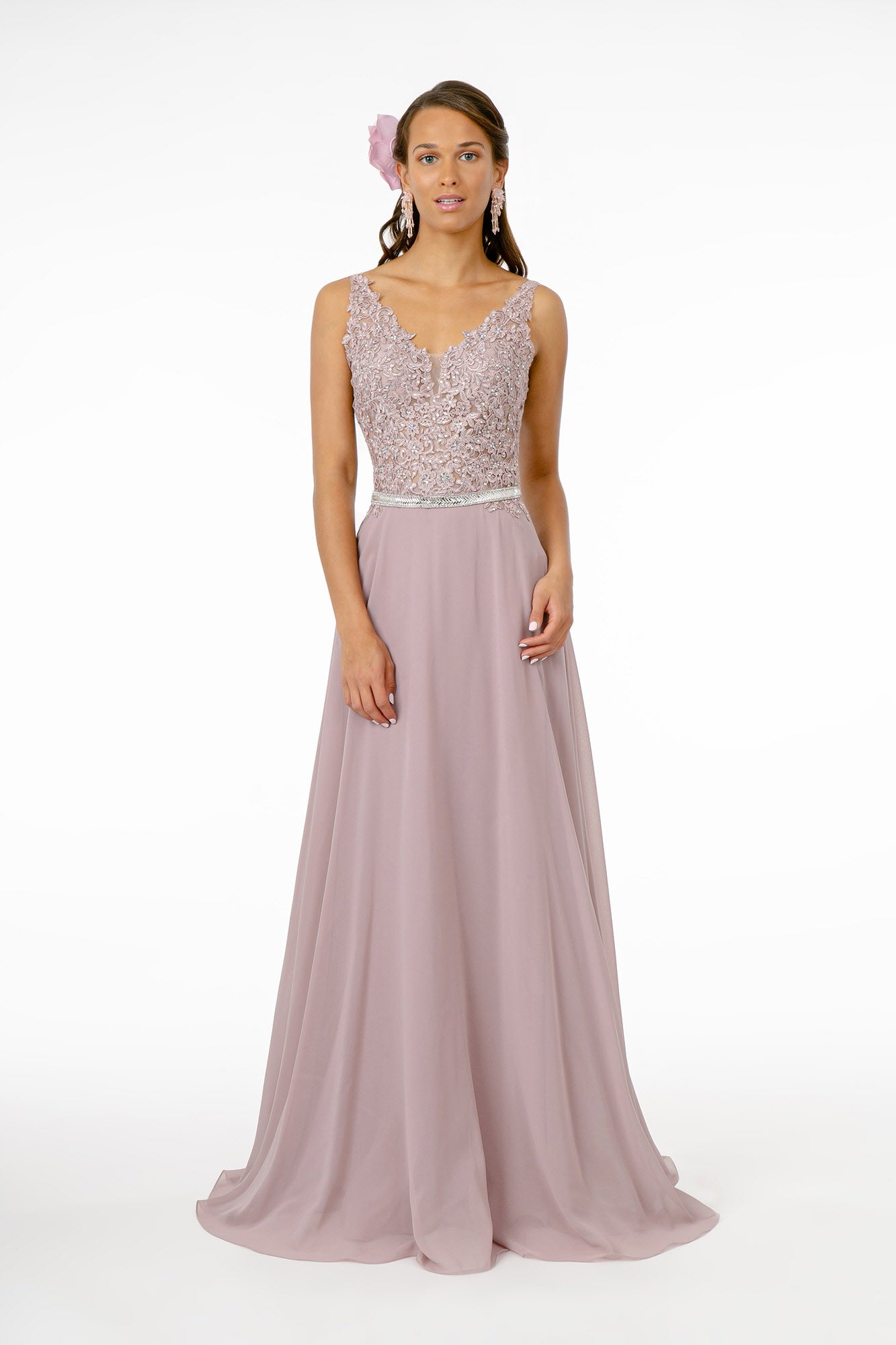 V-Neck Embroidered-Bodice Chiffon Long Dress-4