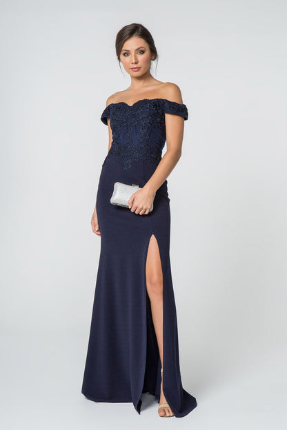 Embroidered Off-Shoulder Jersey Long Dress w/ Slit-1