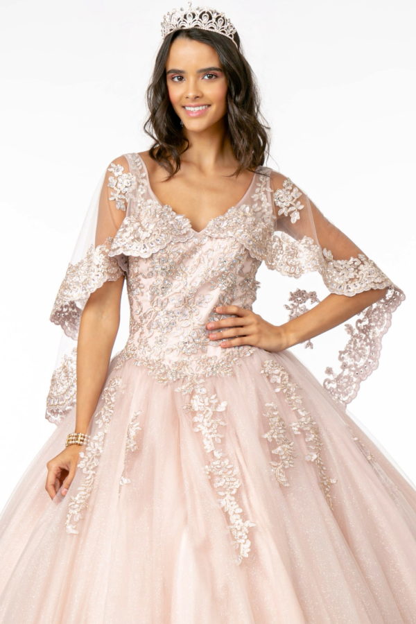 V-Neck Glitter Mesh Ball Gown w/ Cape Sleeve-2