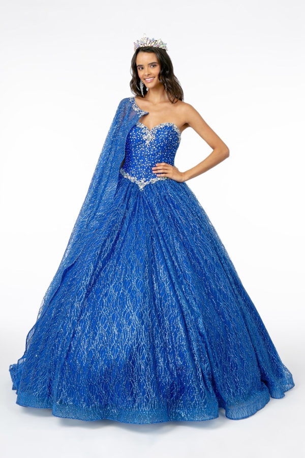 Jewel Embellished Bodice Glitter Mesh Ball Gown w/ Glitter Mesh Cape-1