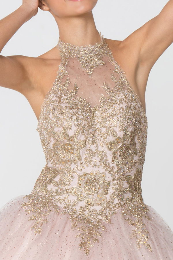 Embroidery and Jewel Embellished Halter Neck Glitter Mesh Ball Gown-1