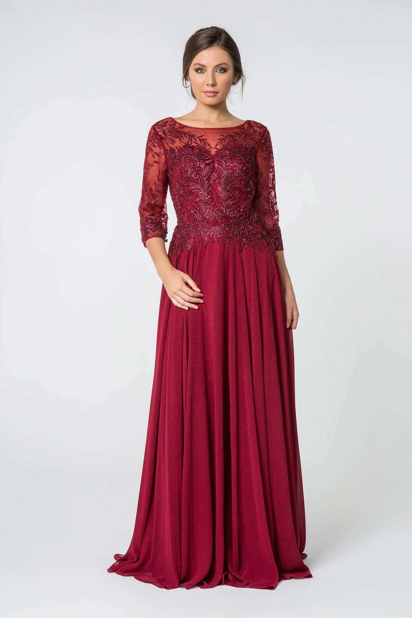 Embroidered Bodice 3/4 Mesh Sleeve Chiffon-0