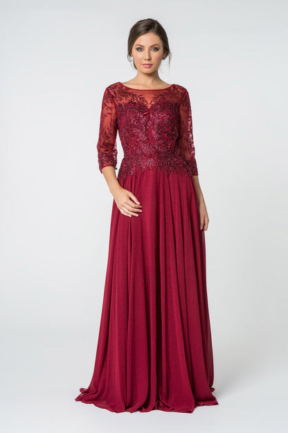 Embroidered Bodice 3/4 Mesh Sleeve Chiffon-0