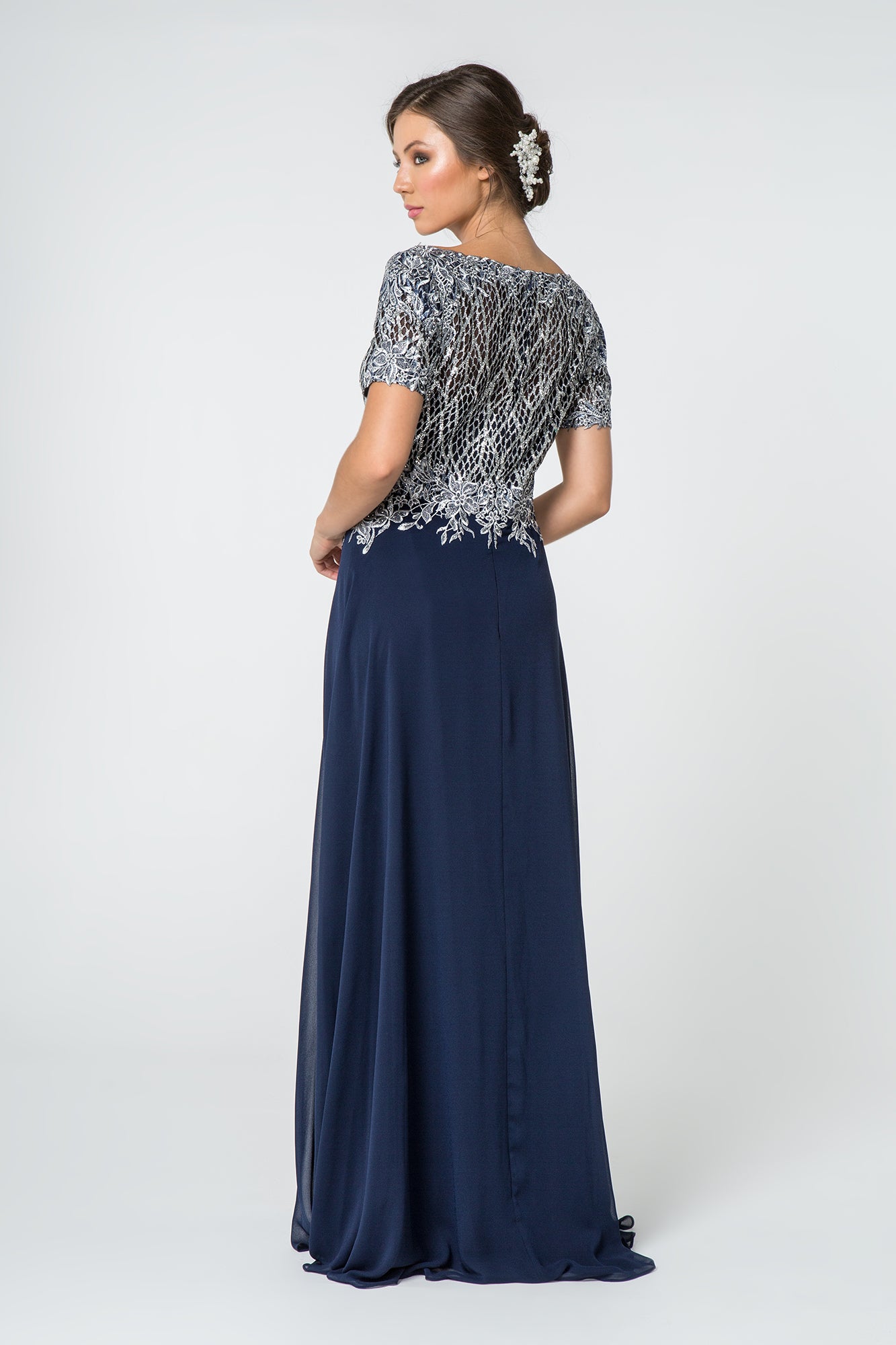 Lace Embellished Illusion V-Neck Long Dress-1