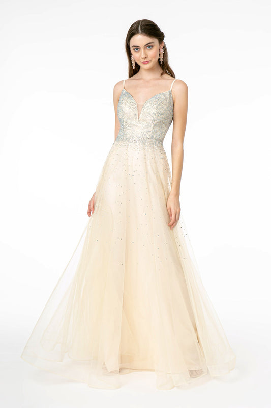 Ravishing Bead Embellished Plunging Neck Long Dress from Elizabeth K-0