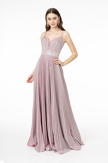 Illusion Deep V-Neck A-Line Pleated Long Dress with Metallic Glitter Finish-0