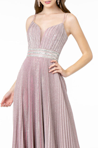 Illusion Deep V-Neck A-Line Pleated Long Dress with Metallic Glitter Finish-3