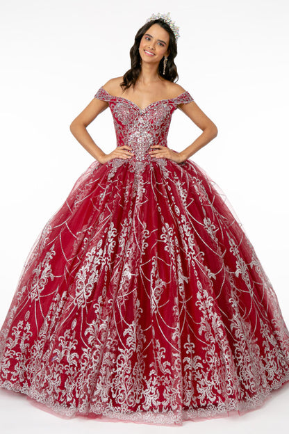 Cut-Away Shoulder Glitter Mesh Quinceanera Dress-0