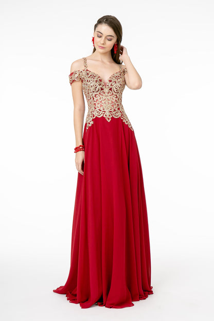 Cut-Away Shoulder Embroidered Bodice Chiffon A-Line Dress-2