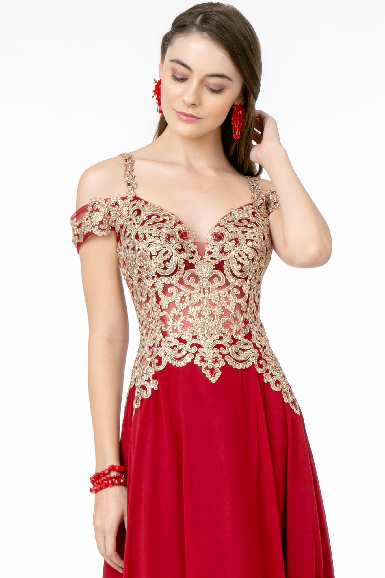 Cut-Away Shoulder Embroidered Bodice Chiffon A-Line Dress-3