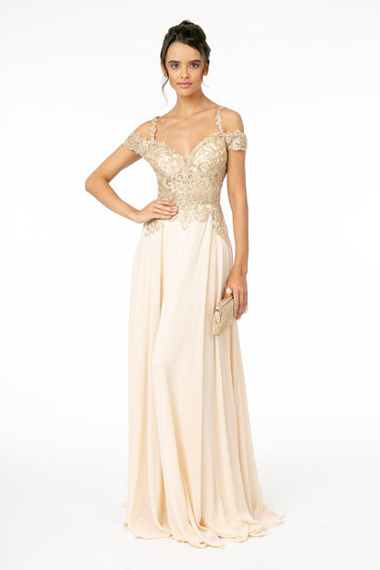 Cut-Away Shoulder Embroidered Bodice Chiffon A-Line Dress-0