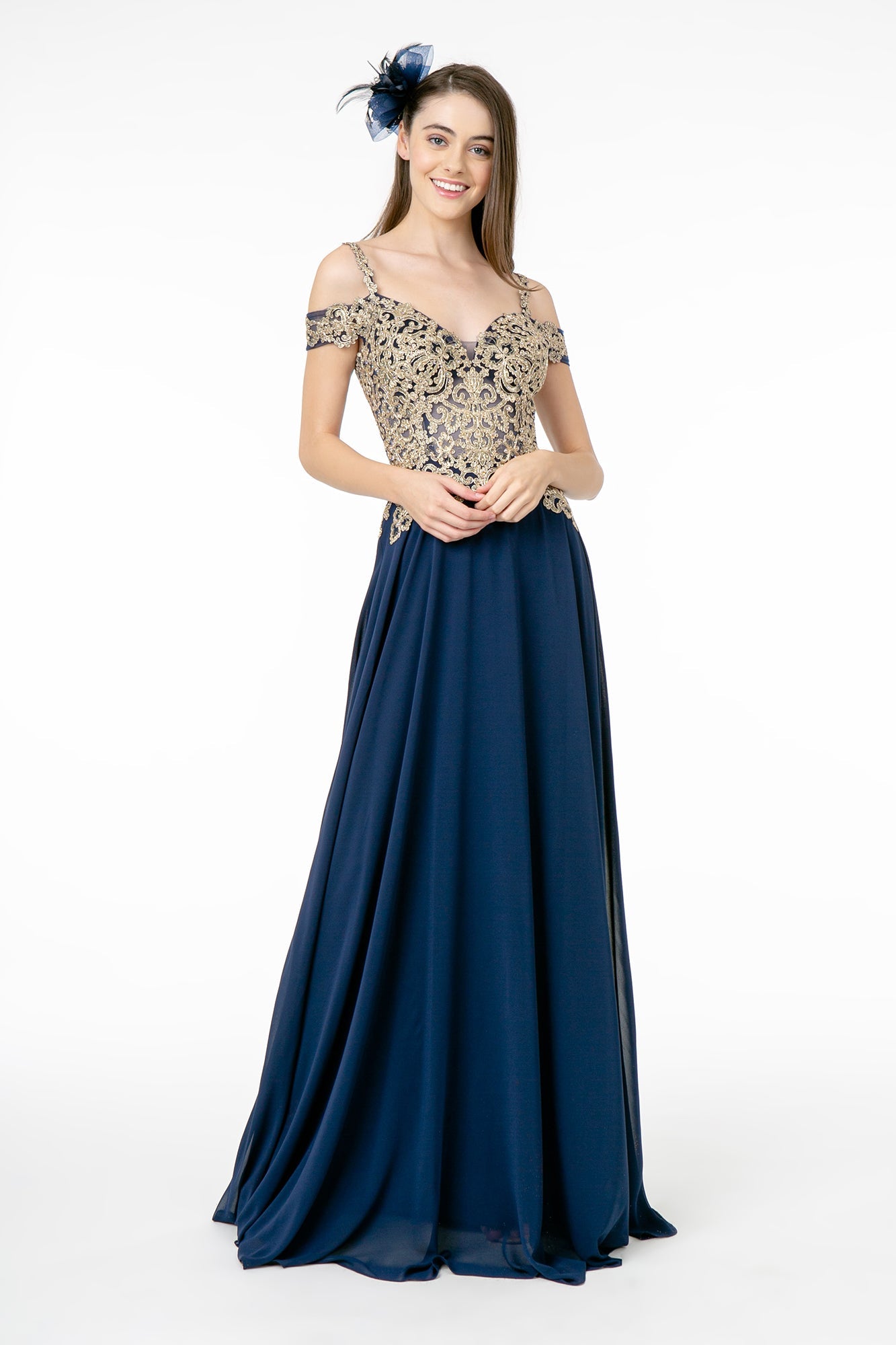 Cut-Away Shoulder Embroidered Bodice Chiffon A-Line Dress-4