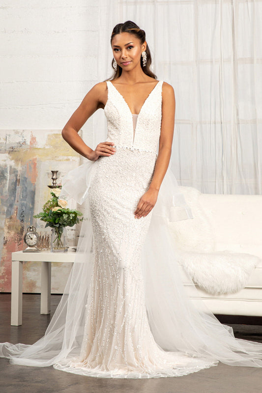 3-D Flower Applique Mermaid Mesh Wedding Gown w/ Detached Mesh Layer-0