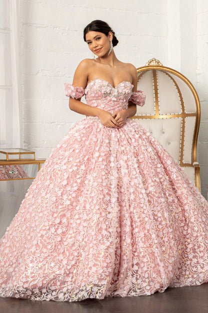 Jewel Embellished Mesh Quinceanera Ball Gown w/ 3-D Applique and Corset-0