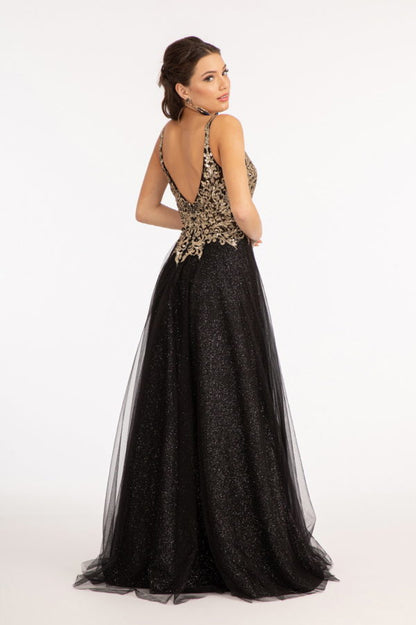 Sequin Embellished Bodice V-Neck A-Line Prom Dress w/ Leg Slit-2