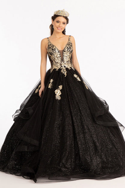 Glitter Embellished Mesh Quinceanera Gown w/ Sequin and Sheer Bodice (Petticoat Included)-0