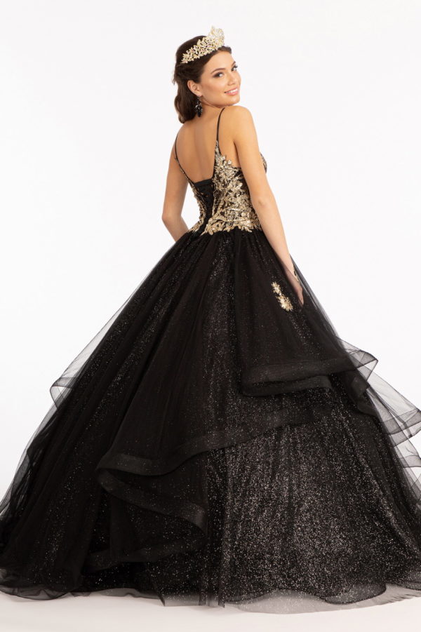 Glitter Embellished Mesh Quinceanera Gown w/ Sequin and Sheer Bodice (Petticoat Included)-1