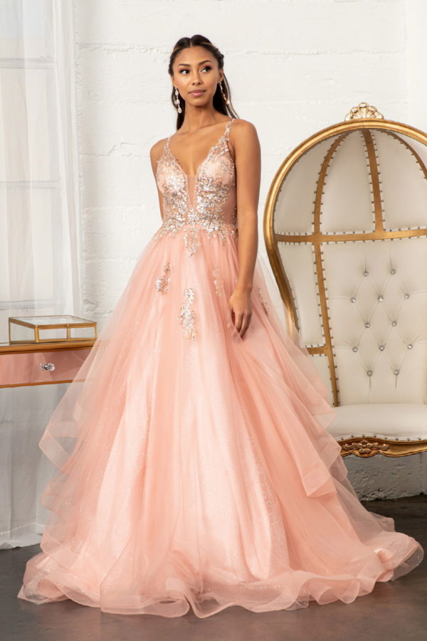 Glitter Embellished Mesh Quinceanera Gown w/ Sequin and Sheer Bodice (Petticoat Included)-4