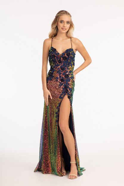 Full Iridescent Sequin Sweetheart Neckline Prom Dress w/ Leg Slit-0