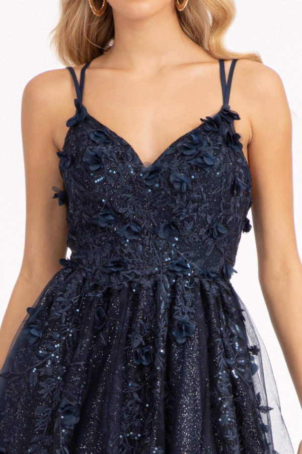 Sequin Embellished Mesh A-line Dress w/ 3-D Flower Applique and Side Slit-5