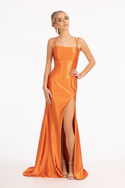 Straight Across Satin Mermaid Dress w/ Lace-up Back and Slit-3