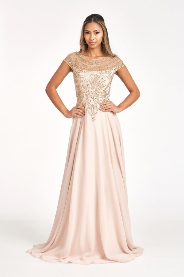 Beads Embellished Chiffon A-line Dress w/ Cap Sleeves-1