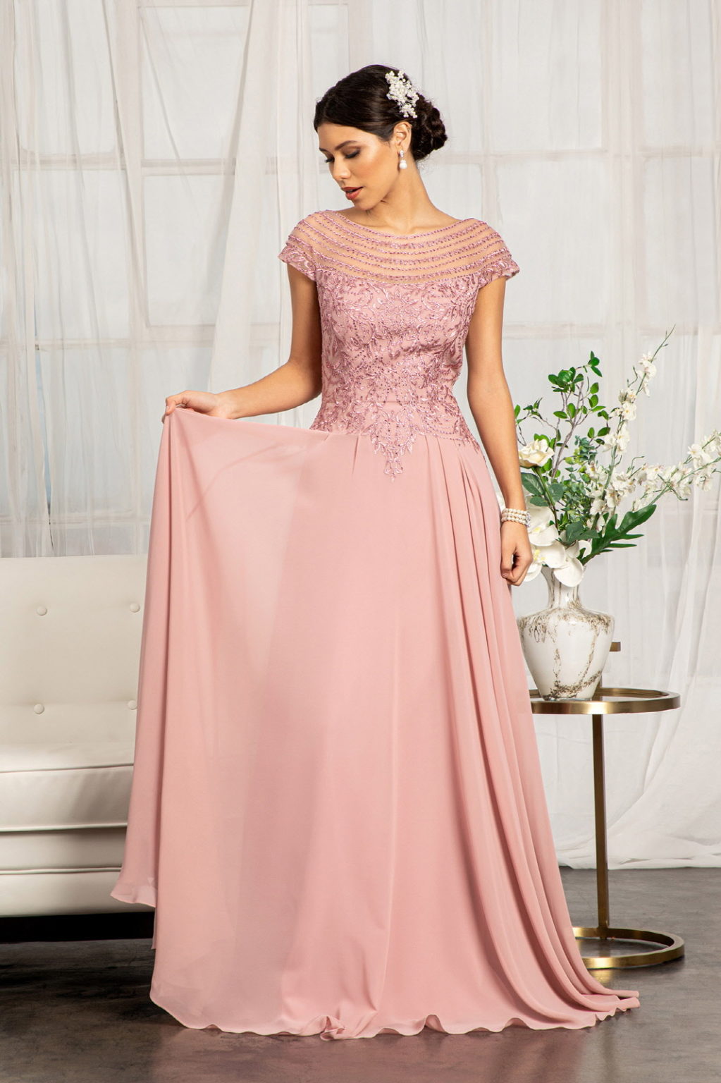 Beads Embellished Chiffon A-line Dress w/ Cap Sleeves-0