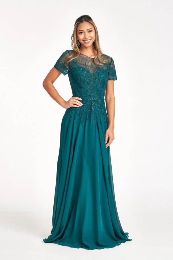 Embroidered Chiffon A-line Dress w/ Short Sleeves and Waistband-5