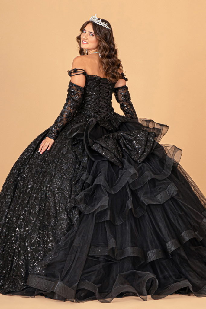 Mesh Detachable Long Sleeves Quinceanera Dress w/ Detachable Ribbon and Ruffled Train-1