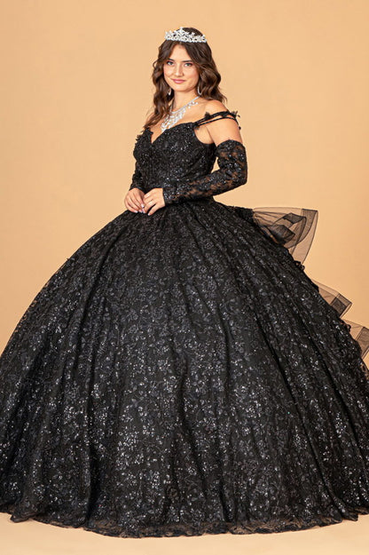 Mesh Detachable Long Sleeves Quinceanera Dress w/ Detachable Ribbon and Ruffled Train-2