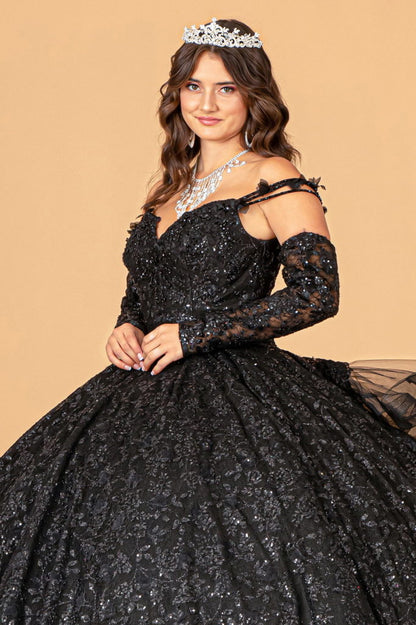 Mesh Detachable Long Sleeves Quinceanera Dress w/ Detachable Ribbon and Ruffled Train-3