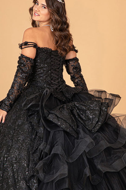 Mesh Detachable Long Sleeves Quinceanera Dress w/ Detachable Ribbon and Ruffled Train-4