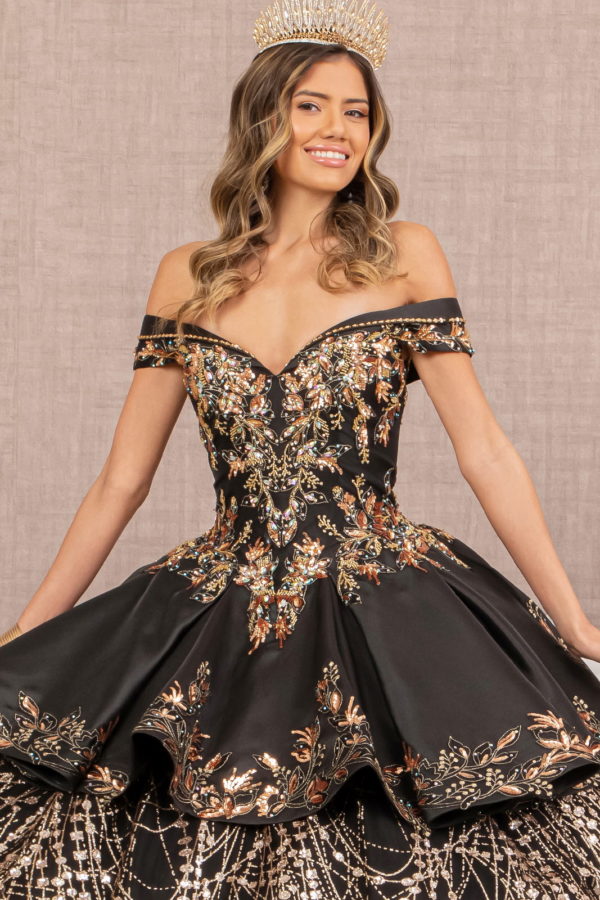 Off Shoulder Satin Quinceanera Ball Gown Embellished with Gold Embroidery-2