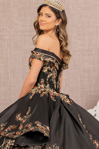 Off Shoulder Satin Quinceanera Ball Gown Embellished with Gold Embroidery-3