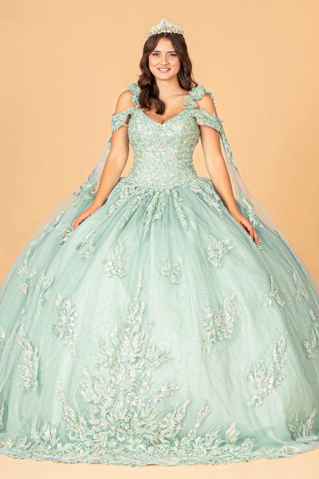 3-D Flower Applique Mesh Quinceanera Ball Gown with Side Mesh Drapes-0