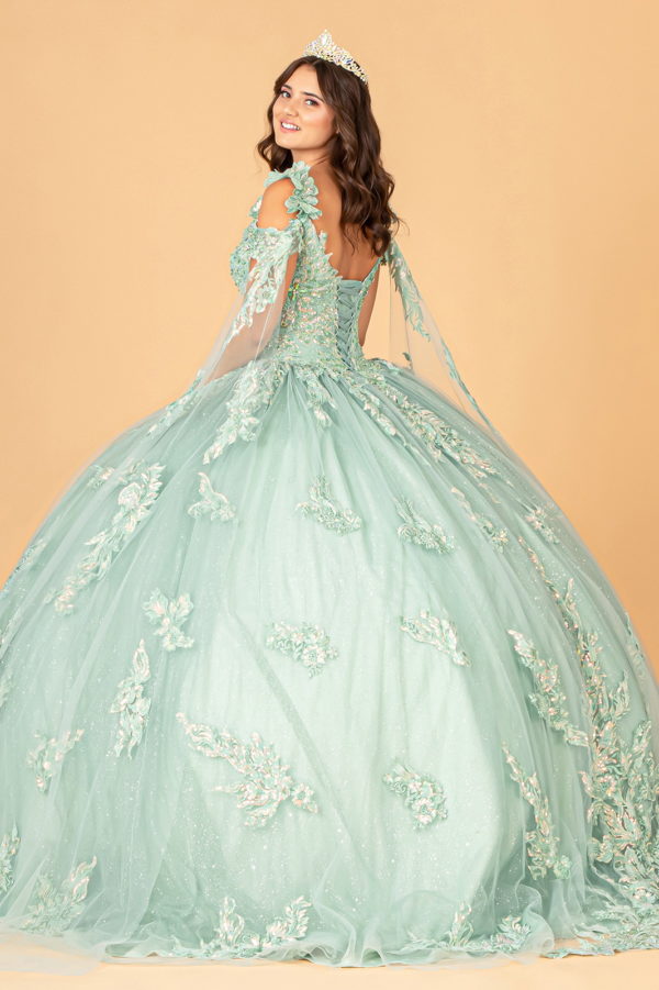 3-D Flower Applique Mesh Quinceanera Ball Gown with Side Mesh Drapes-1