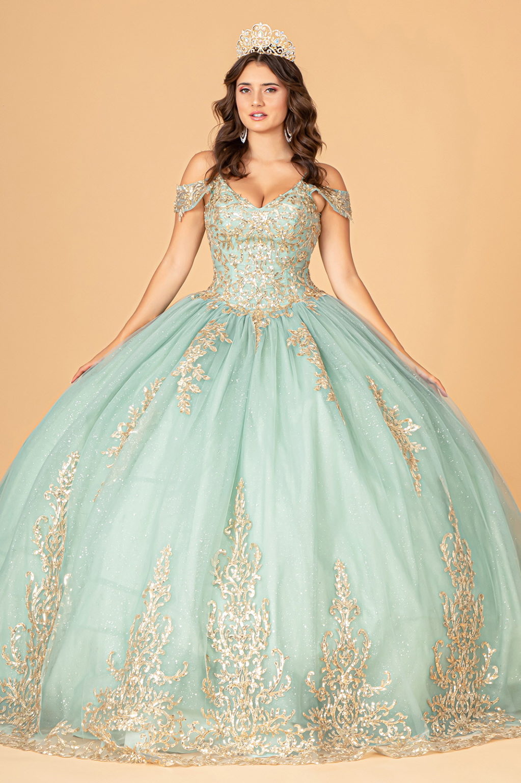 Gold Embroidered Mesh Quinceanera Ball Gown w/ Corset Back-0