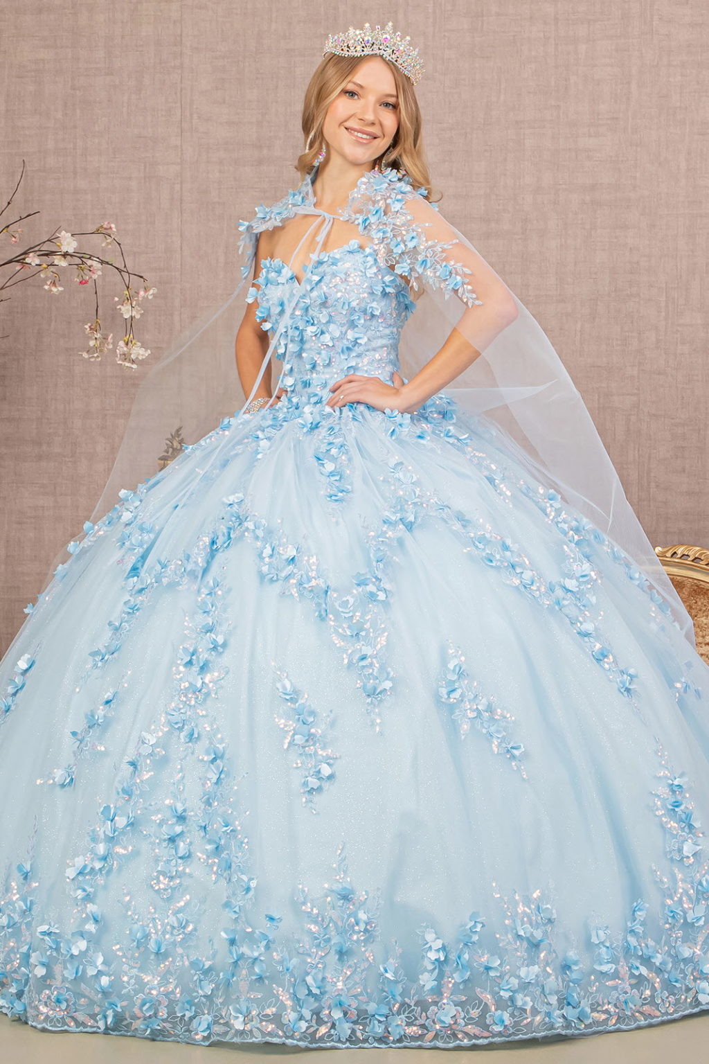 3-D Flower Applique Glitter Quinceanera Gown w/ Mesh Cape-0