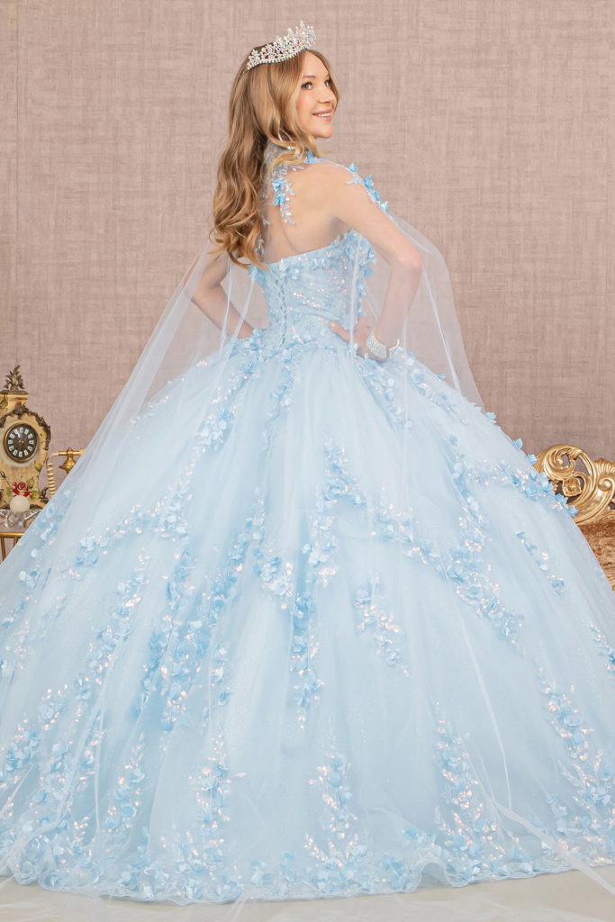 3-D Flower Applique Glitter Quinceanera Gown w/ Mesh Cape-1