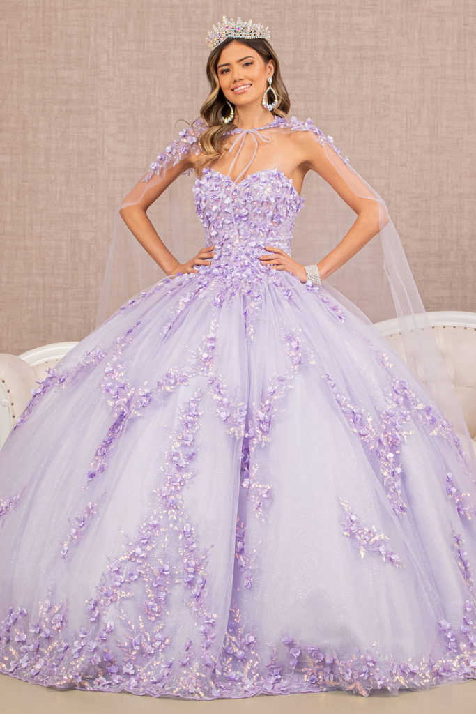 3-D Flower Applique Glitter Quinceanera Gown w/ Mesh Cape-3