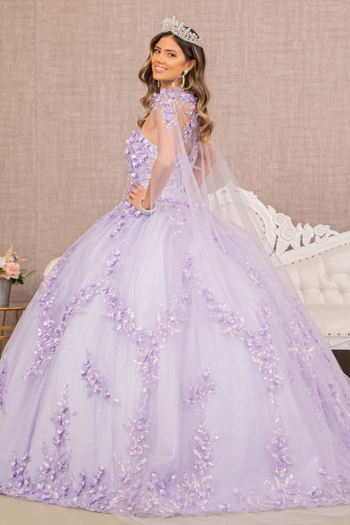 3-D Flower Applique Glitter Quinceanera Gown w/ Mesh Cape-4