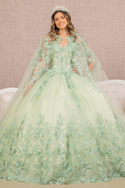 Jewel Mesh Quinceanera Gown w/ 3-D Butterfly Appliques and Long Mesh Cape-5