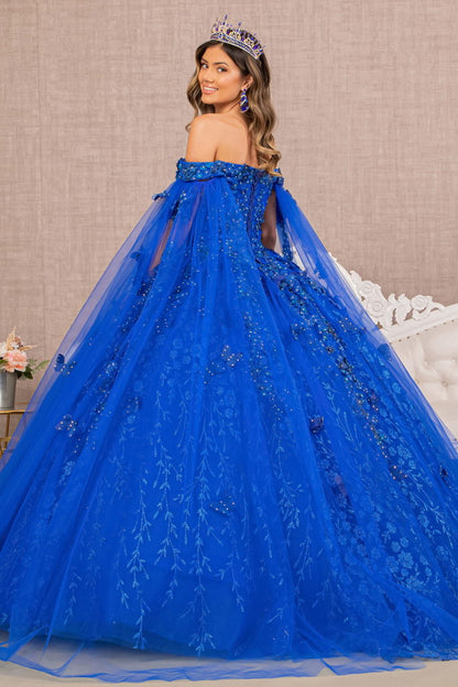 Embroidery Glitter Quinceanera Gown w/ Long Mesh Layer-3