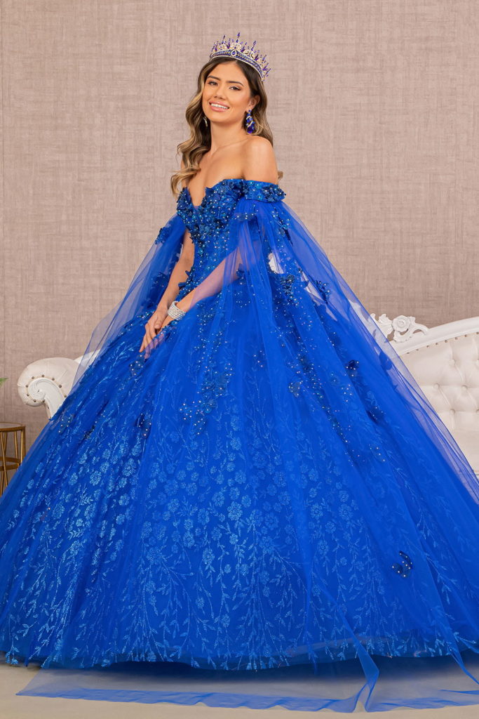 Embroidery Glitter Quinceanera Gown w/ Long Mesh Layer-4