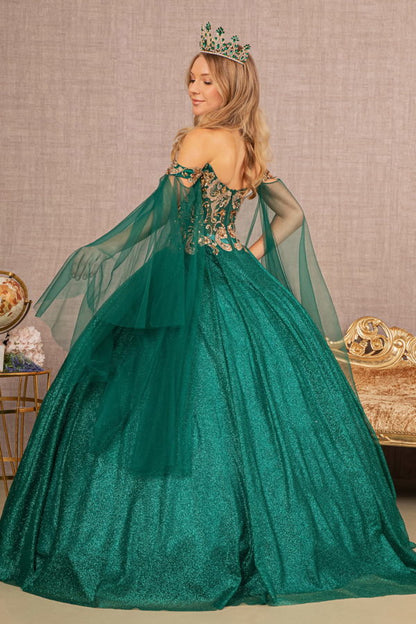 Glitter Sheer Bodice Mesh Ball Gown w/ Detachable Mesh Layers-1